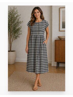 Little Cottonwood Dress Womens 3XL Black Gingham Plaid Button Front Shirt Midi